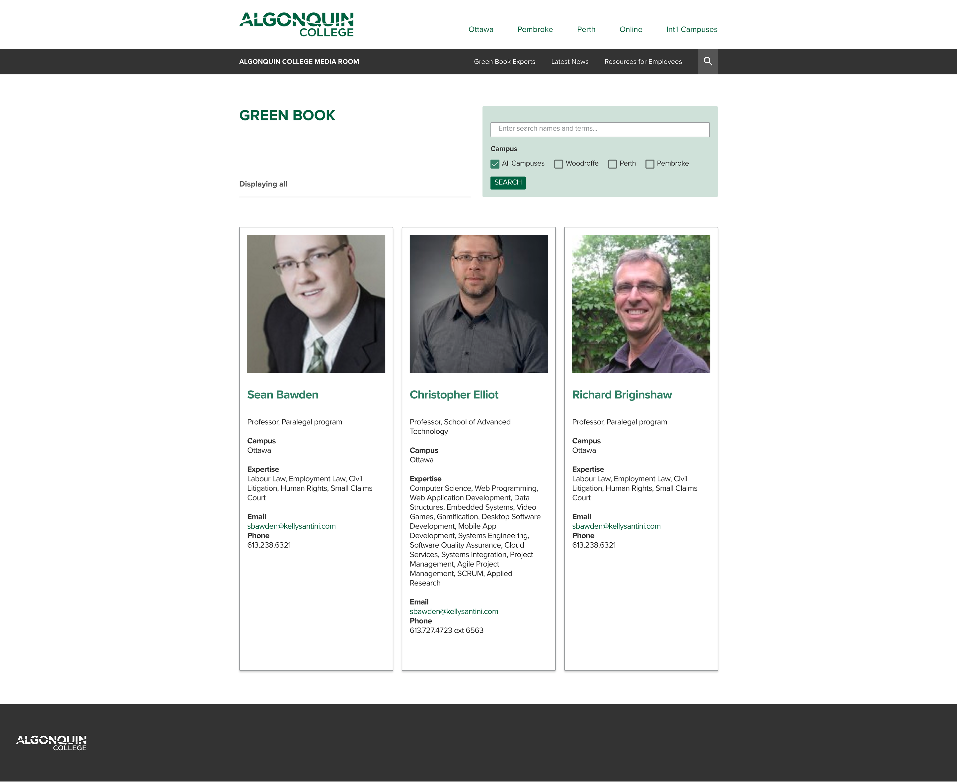 Experts listing page of the Algonquin College Media Room Greenbook website